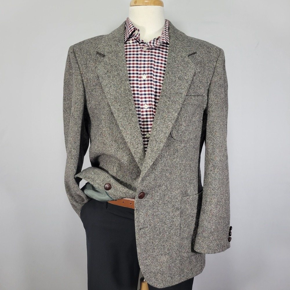 Gallery Haggar Men's Tweed Sport Coat Blazer Two Button Gray Wool Size 46L‎